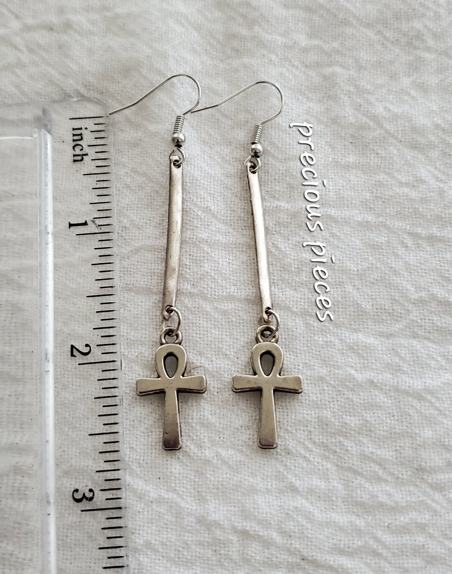 Antique Silver Dangle Ankh Earrings