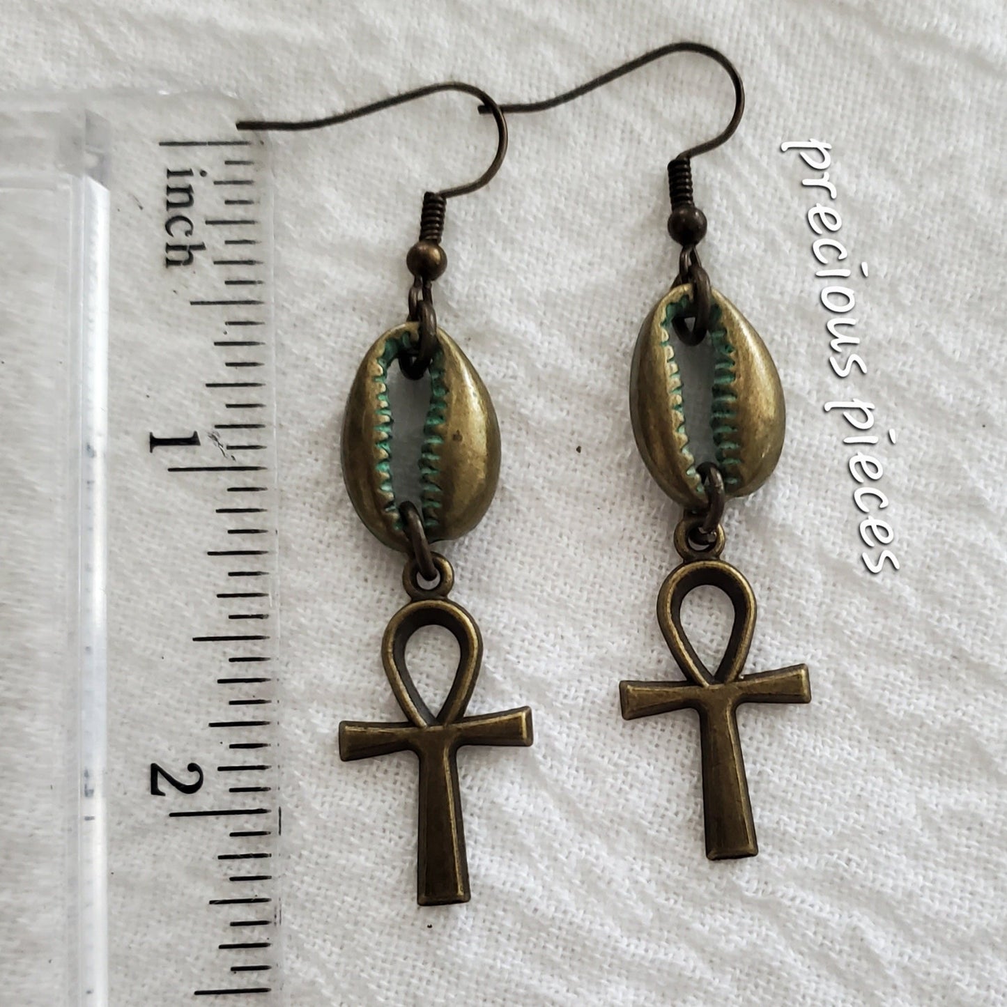 Bronze Cowrie Shell and Ankh Earrings
