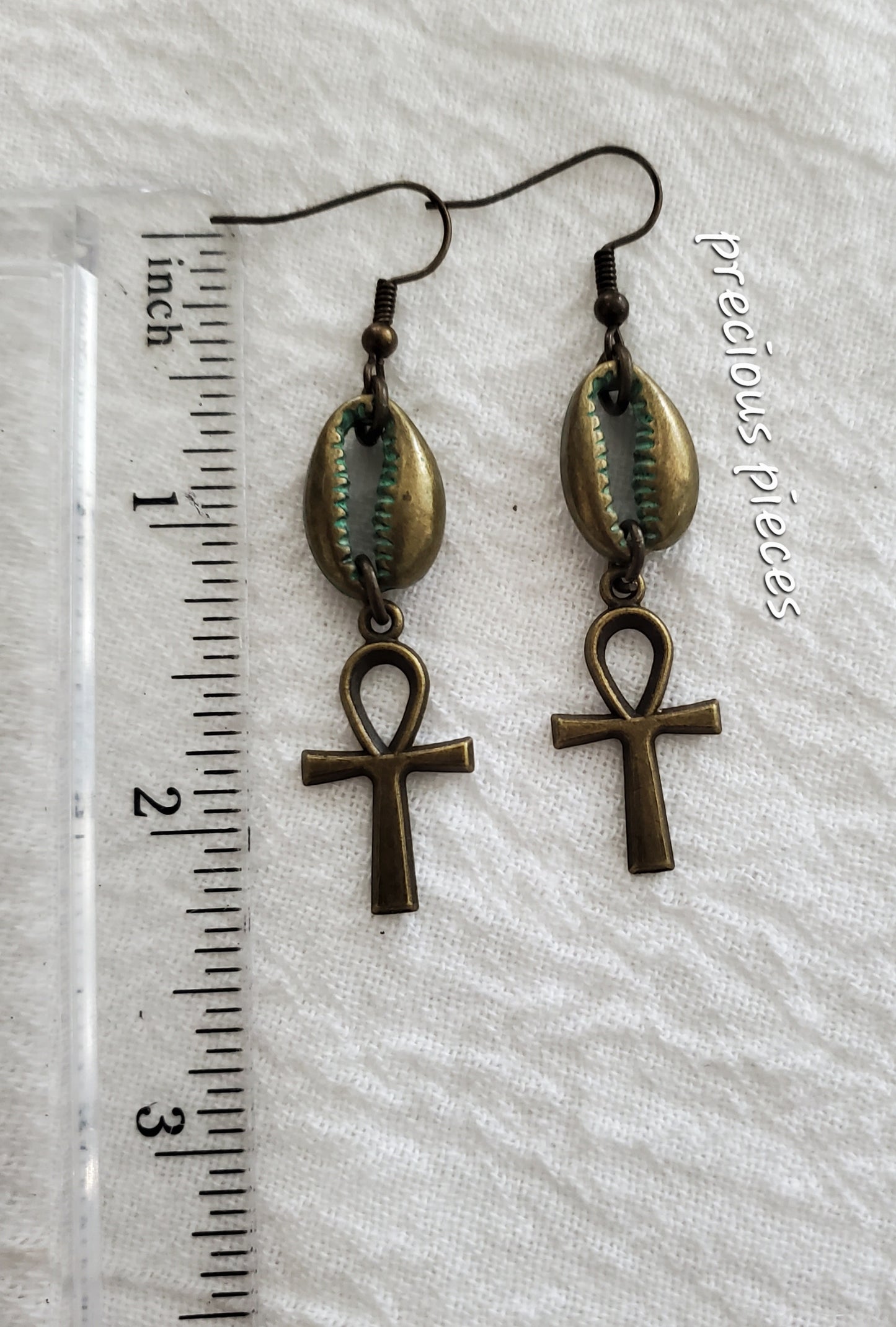 Bronze Cowrie Shell and Ankh Earrings