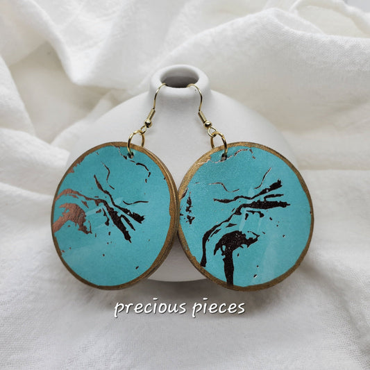 Turquoise and Gold Decoupage Wood Earrings