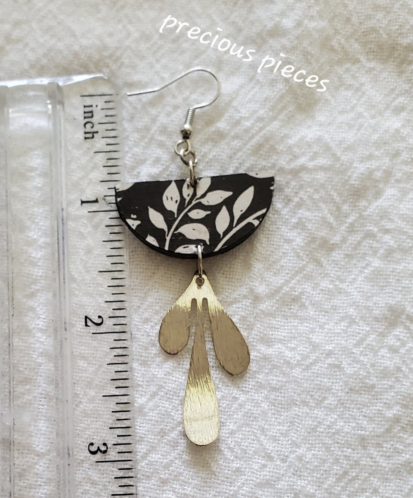 Black and White Leaf Earrings with Silver Charm