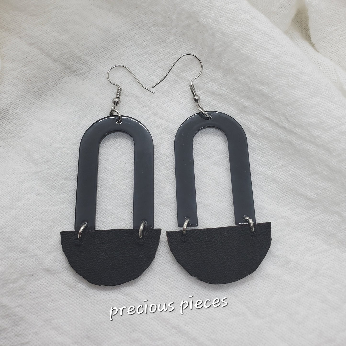 Black Acrylic Arch and Leather Earrings