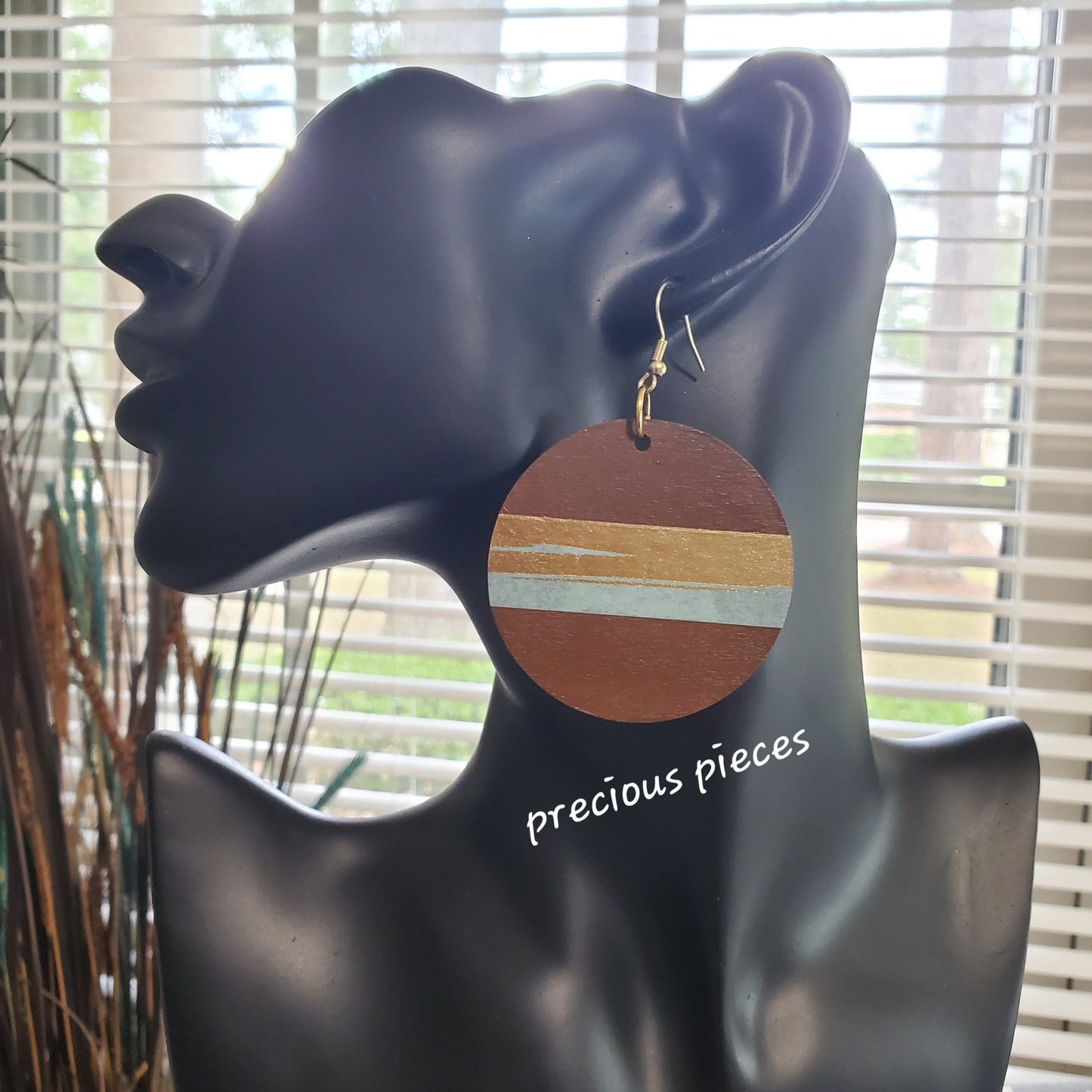 Hand Painted Wood Earrings with Gold and Blue Accents