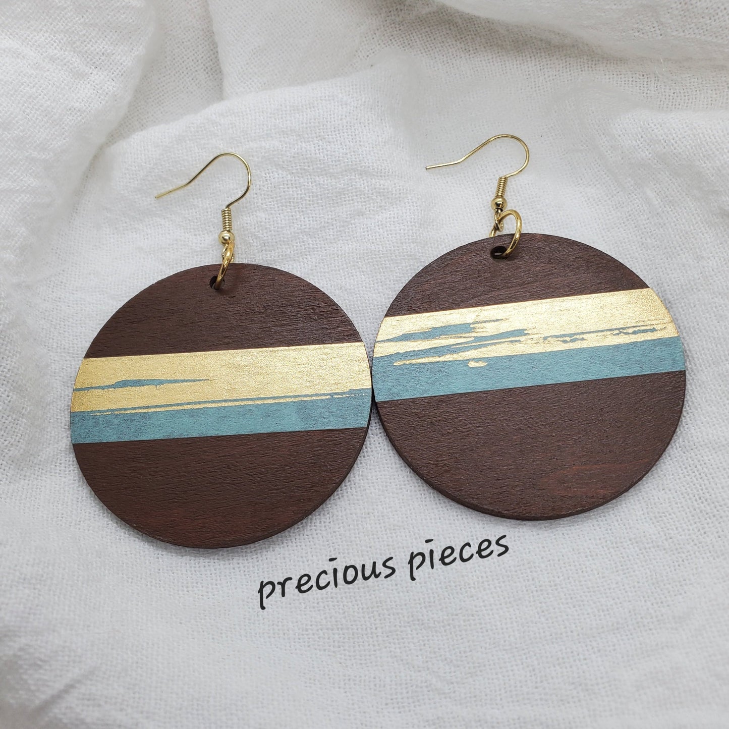 Hand Painted Wood Earrings with Gold and Blue Accents