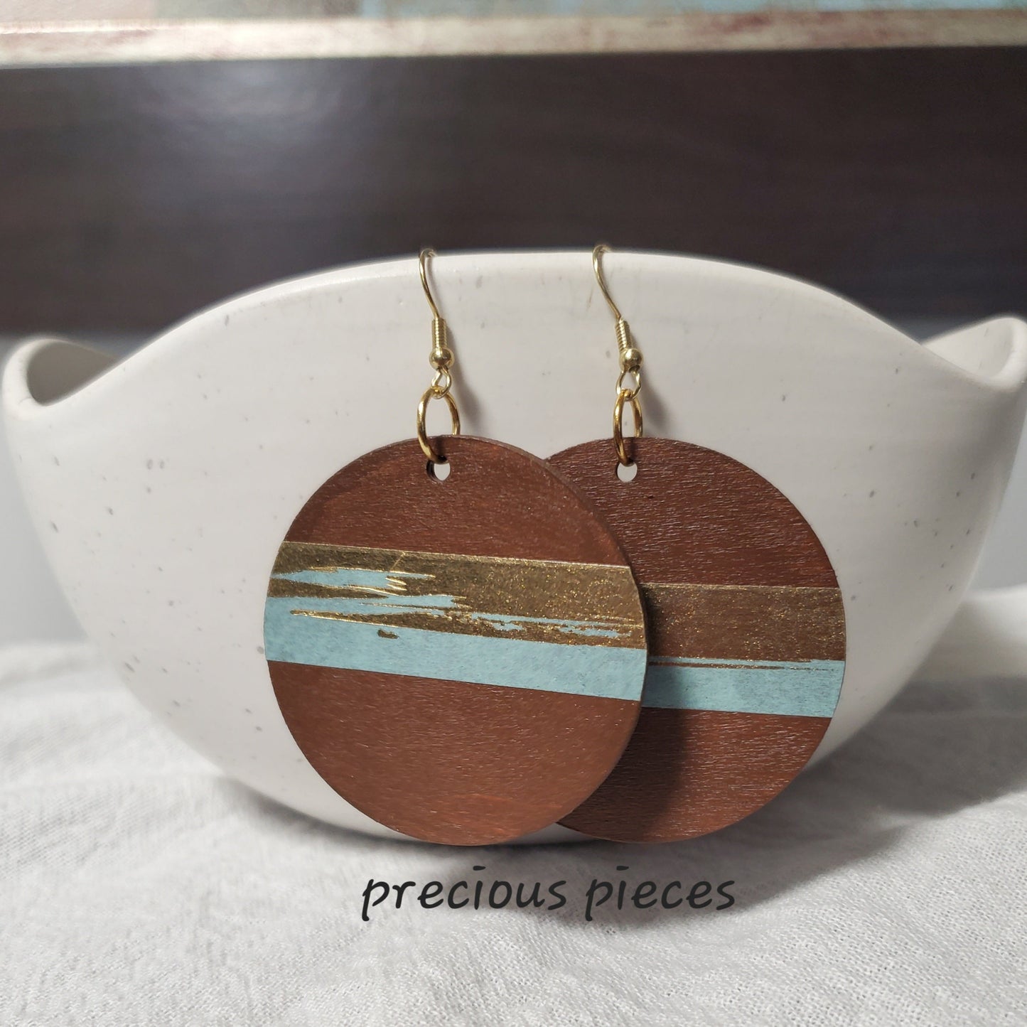 Hand Painted Wood Earrings with Gold and Blue Accents