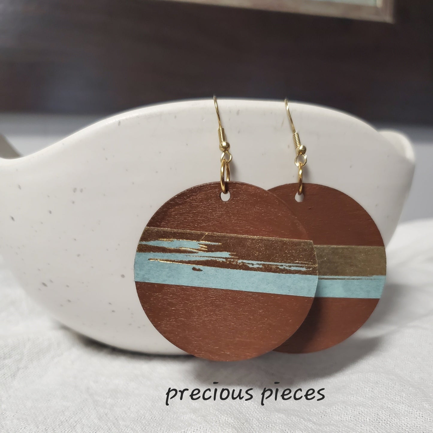 Hand Painted Wood Earrings with Gold and Blue Accents