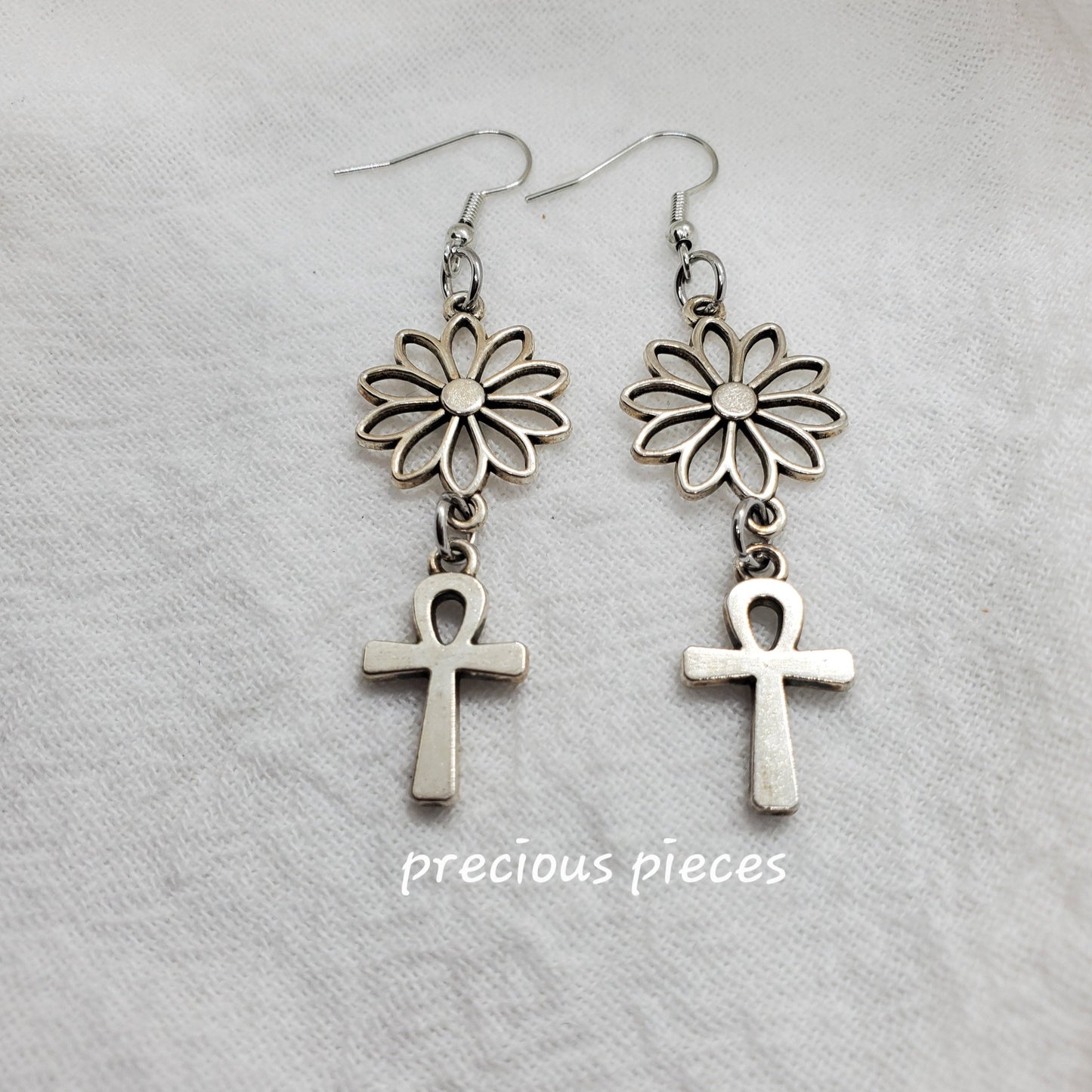 Antique Silver Flower and Ankh Earrings