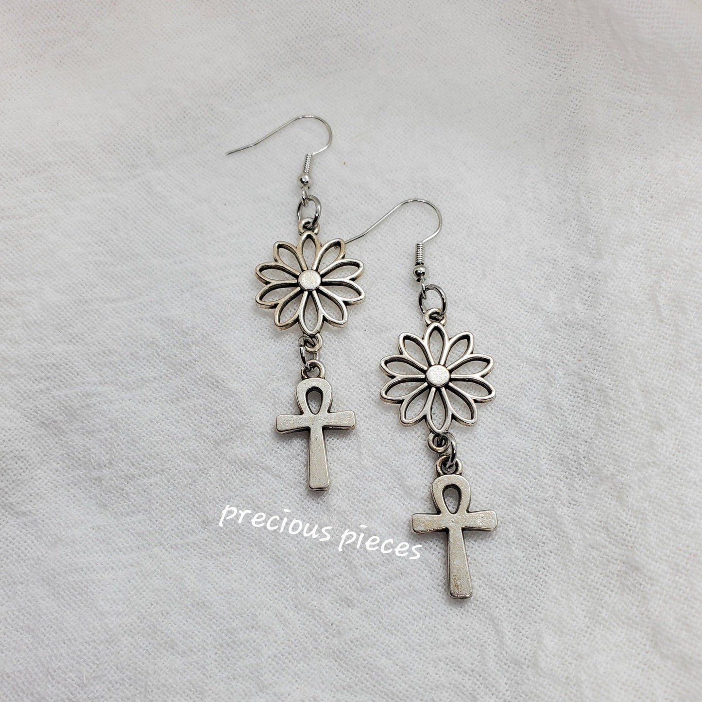 Antique Silver Flower and Ankh Earrings