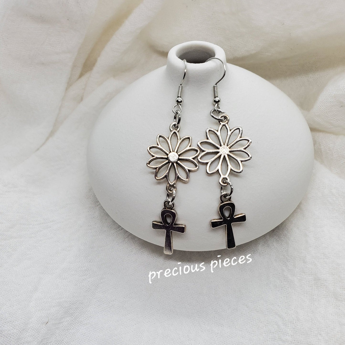 Antique Silver Flower and Ankh Earrings