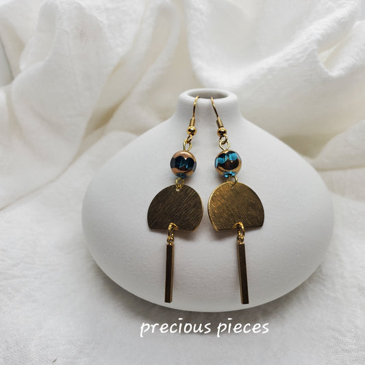 Brass Half-Circle with Turquoise and Gold Bead Earrings