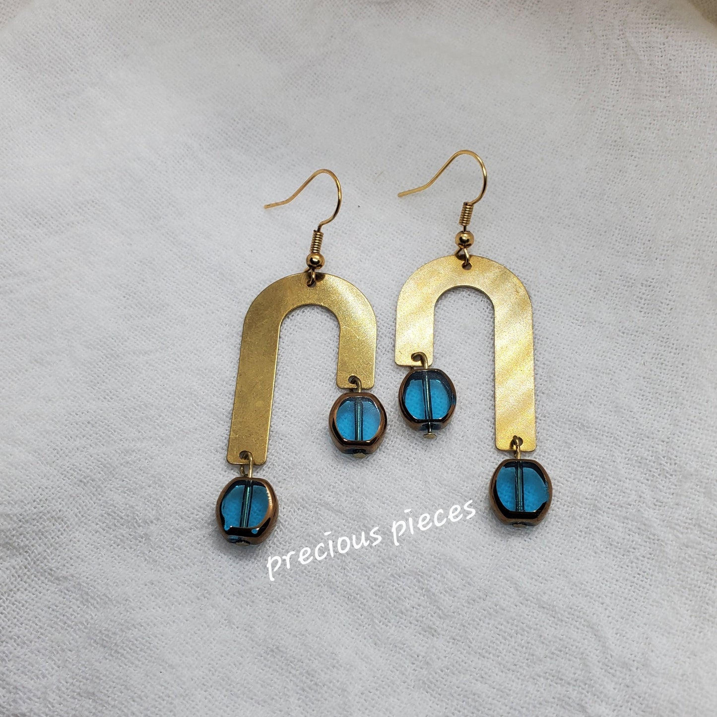 J-Shaped Brass and Aqua Earrings