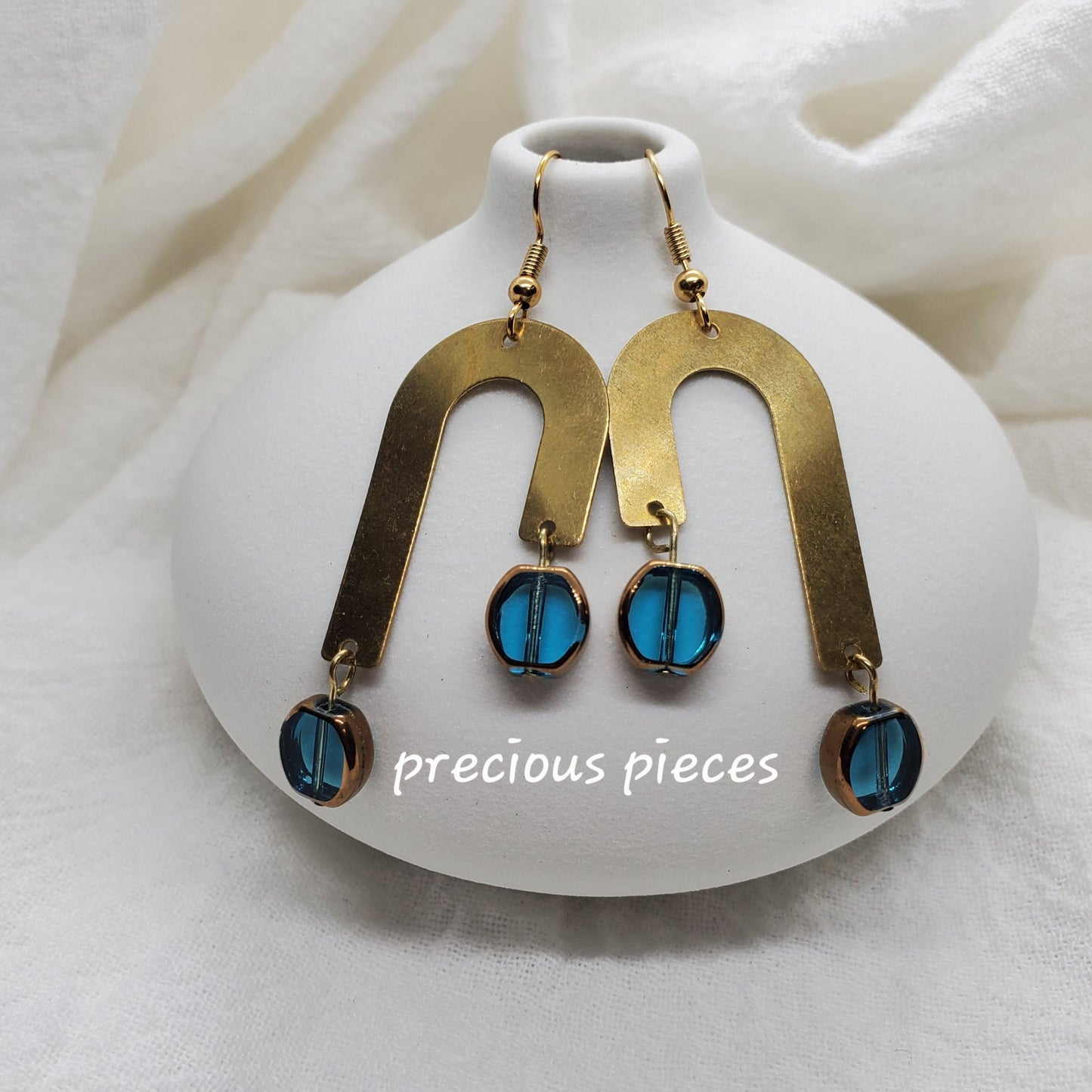 J-Shaped Brass and Aqua Earrings