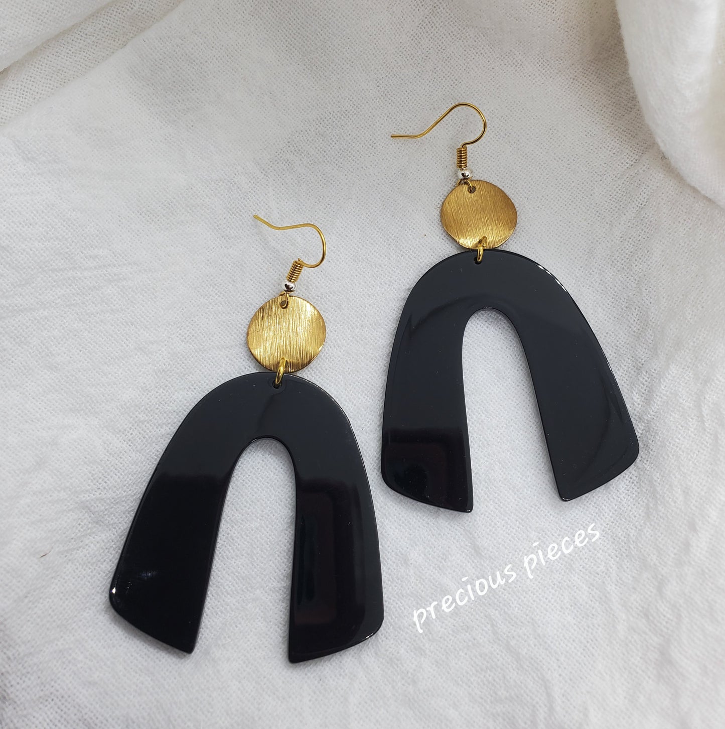 Black Acrylic Arch Earrings with Brass Accents