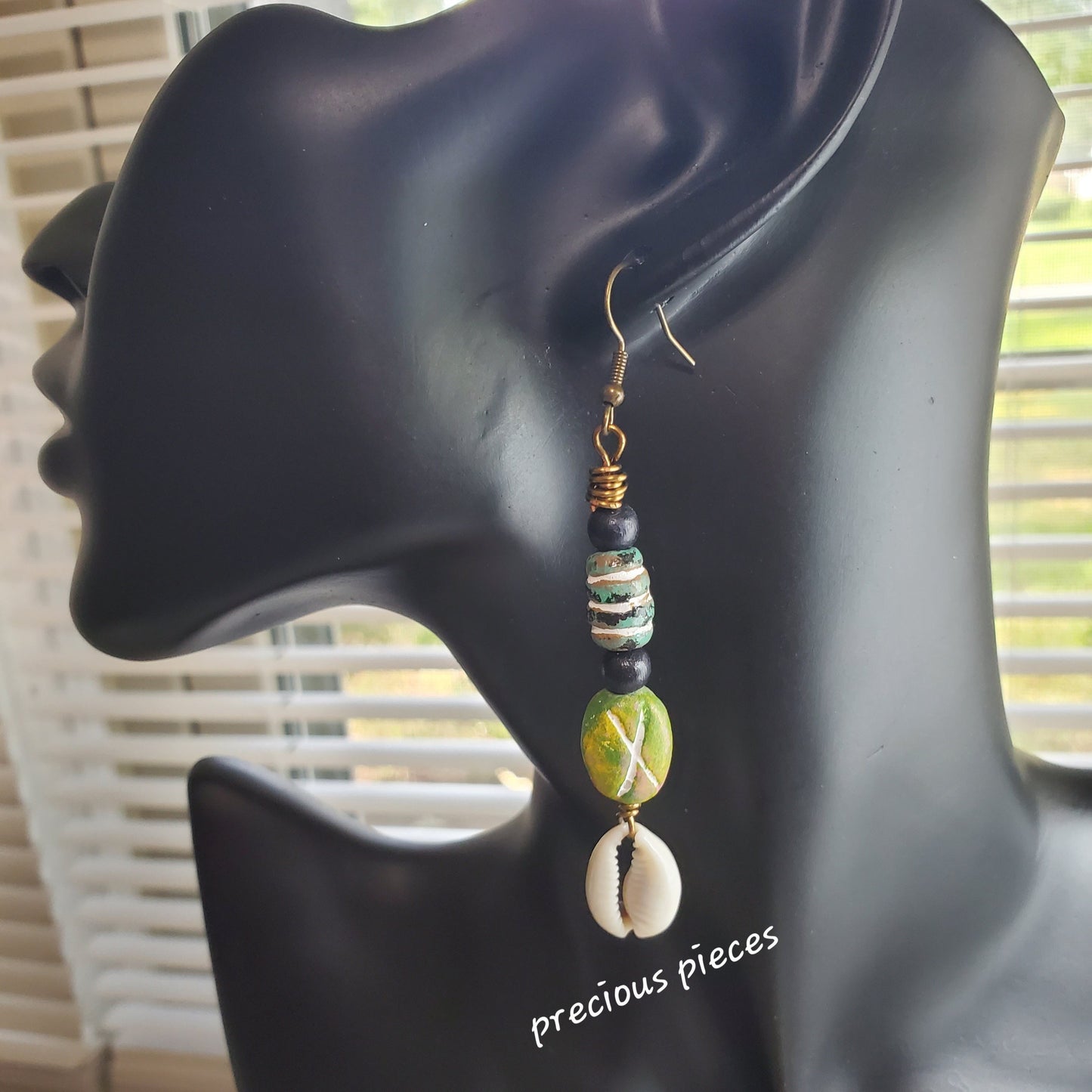 Black and Green Beaded Cowrie Shell Earrings