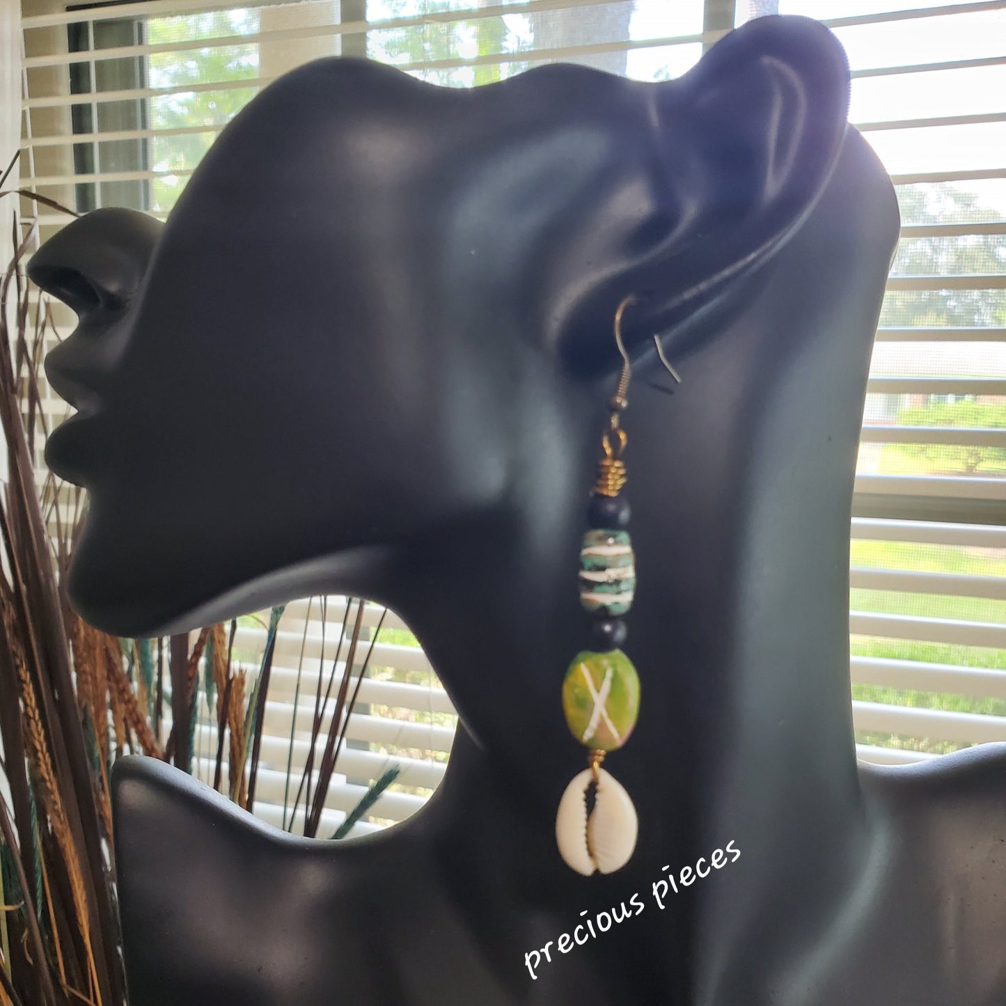 Black and Green Beaded Cowrie Shell Earrings