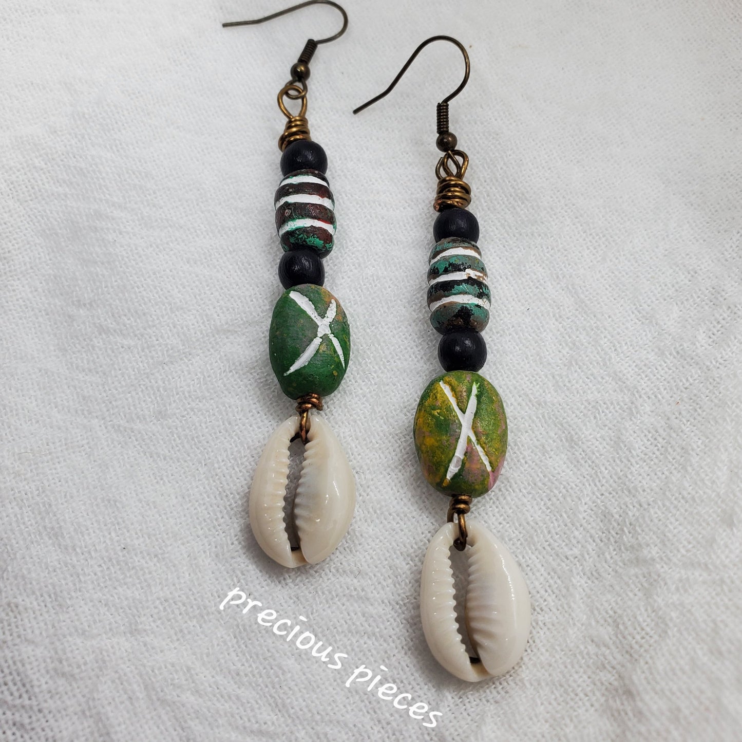 Black and Green Beaded Cowrie Shell Earrings