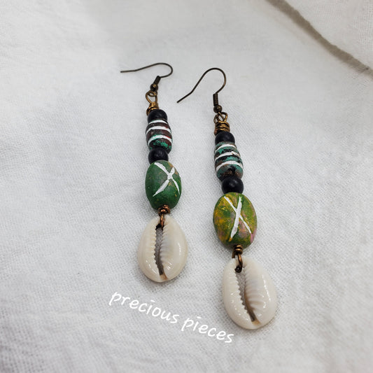 Black and Green Beaded Cowrie Shell Earrings