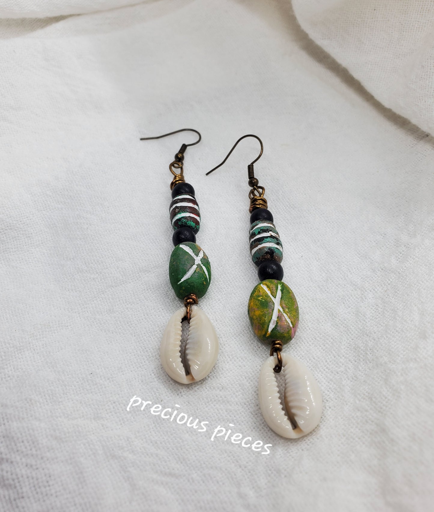 Black and Green Beaded Cowrie Shell Earrings