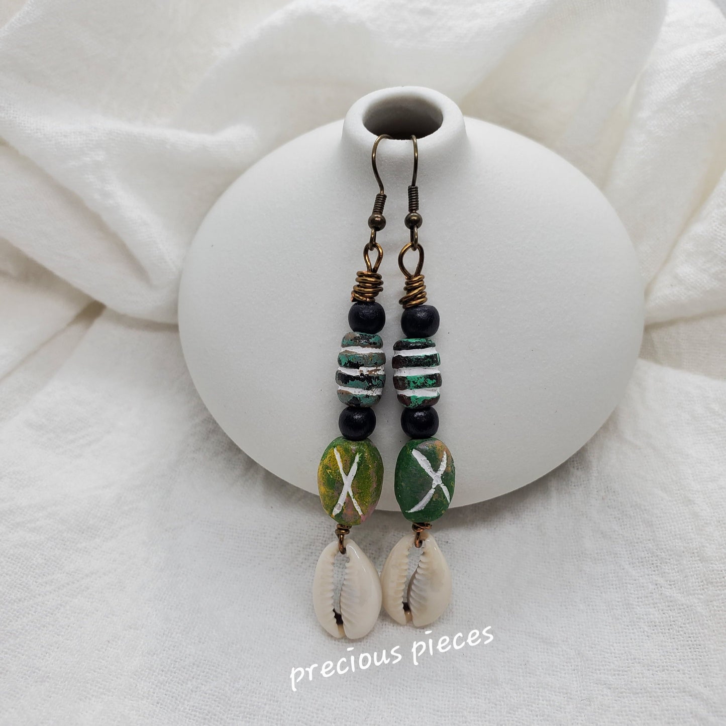 Black and Green Beaded Cowrie Shell Earrings