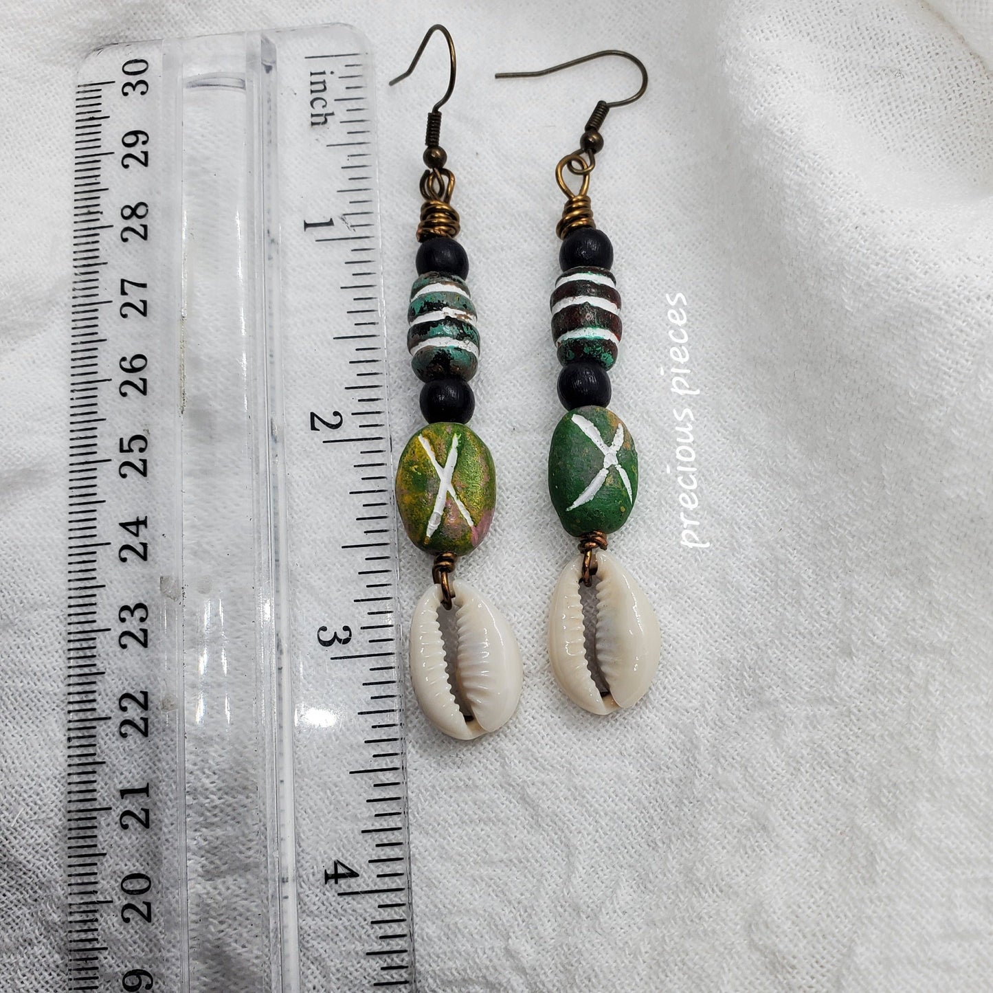 Black and Green Beaded Cowrie Shell Earrings