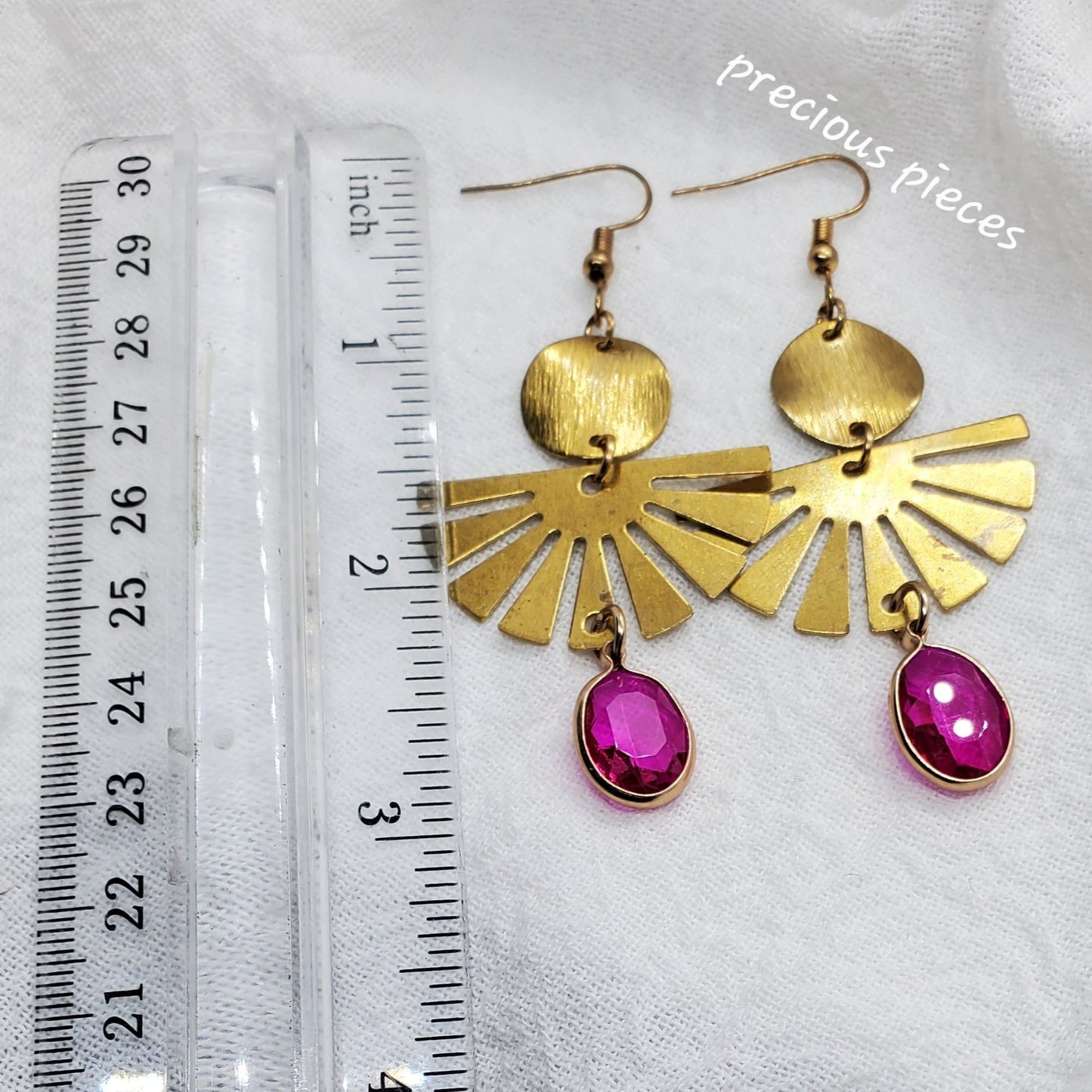 Brass Fan-Shaped and Pink Rhinestone Earrings