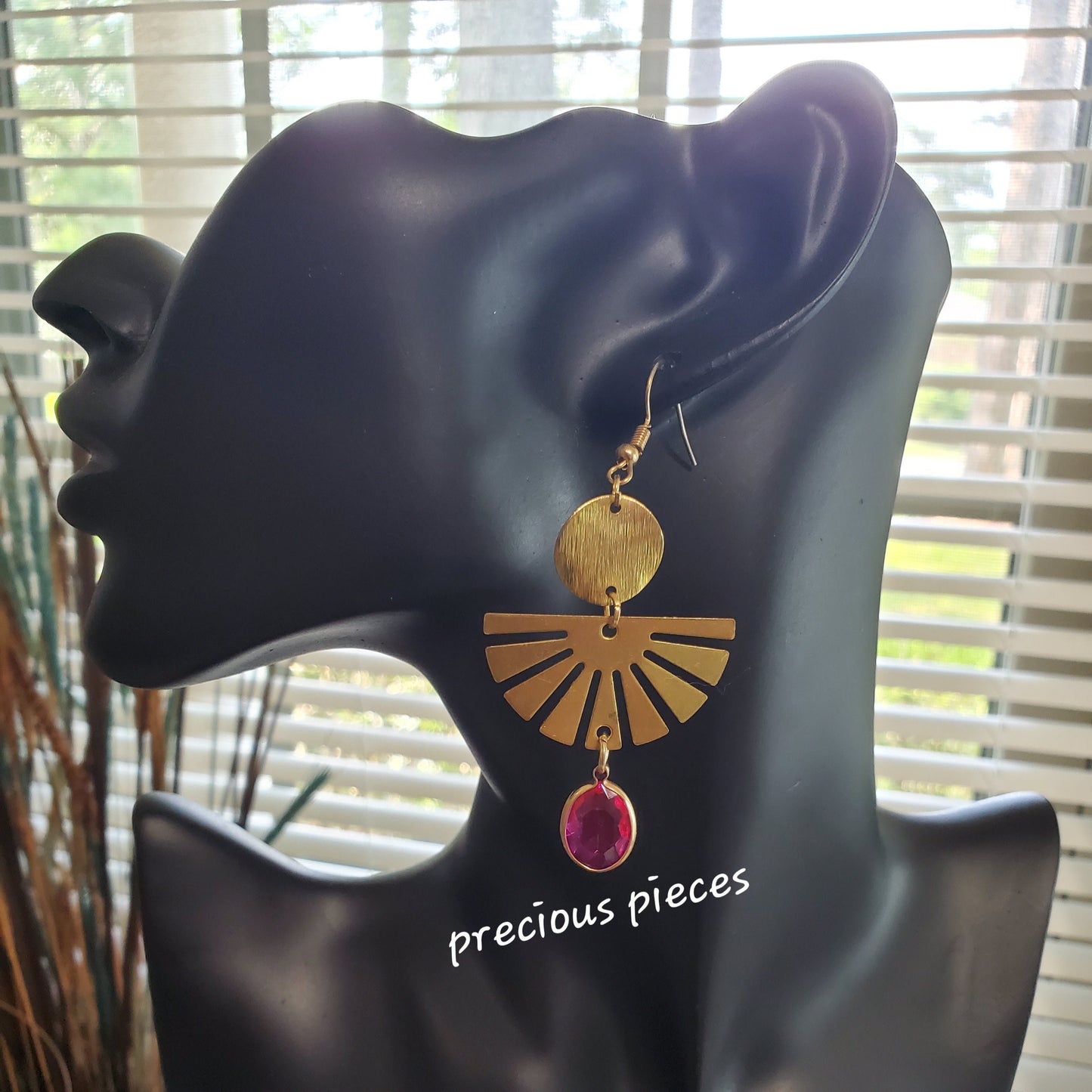 Brass Fan-Shaped and Pink Rhinestone Earrings