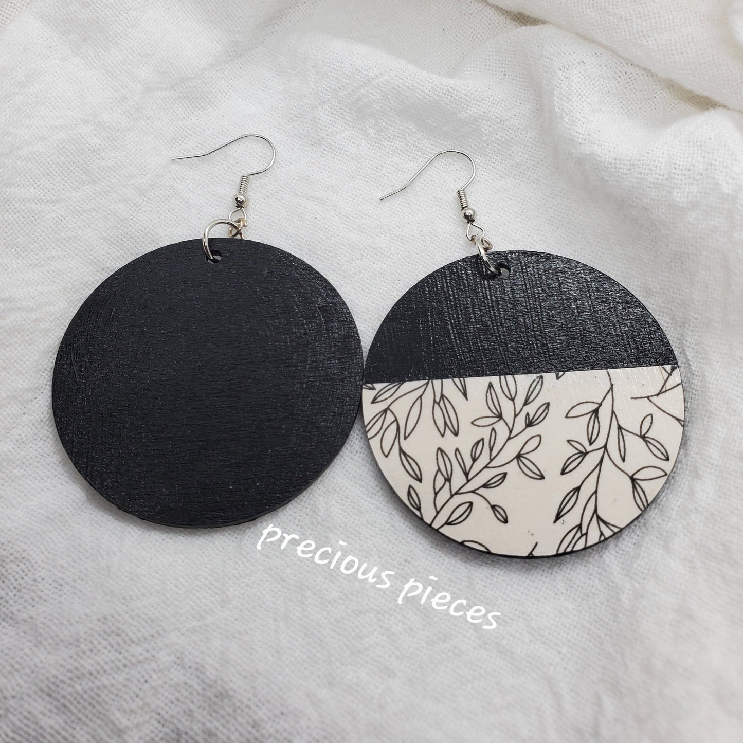 Black and White Wood Floral Earrings