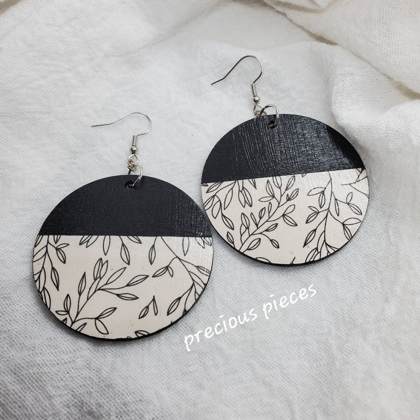 Black and White Wood Floral Earrings