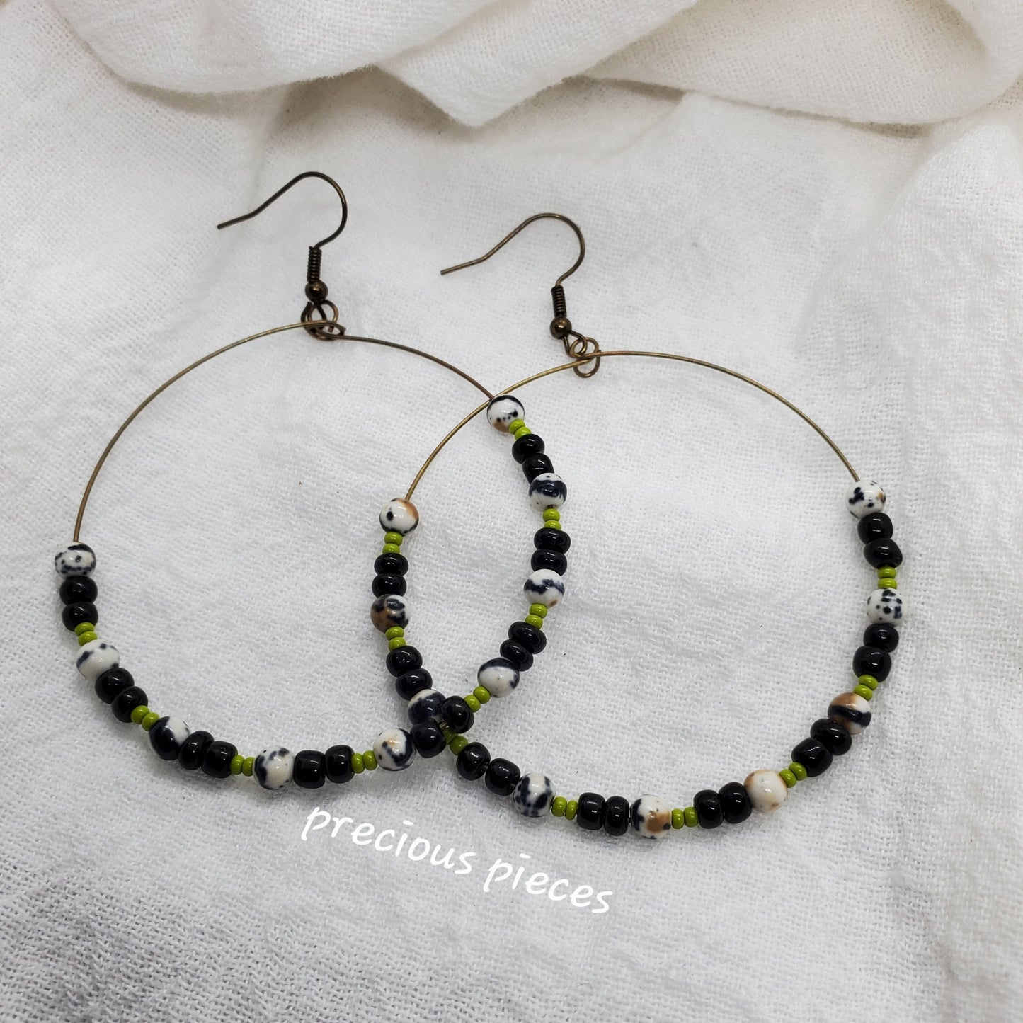 Black, Green, and Marble Beaded Earrings