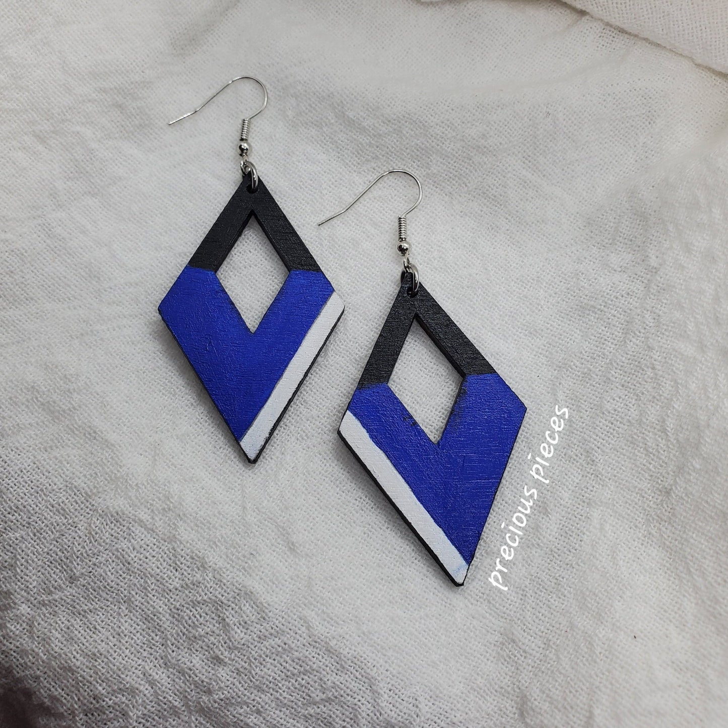 Blue, Black, and White Wood Earrings