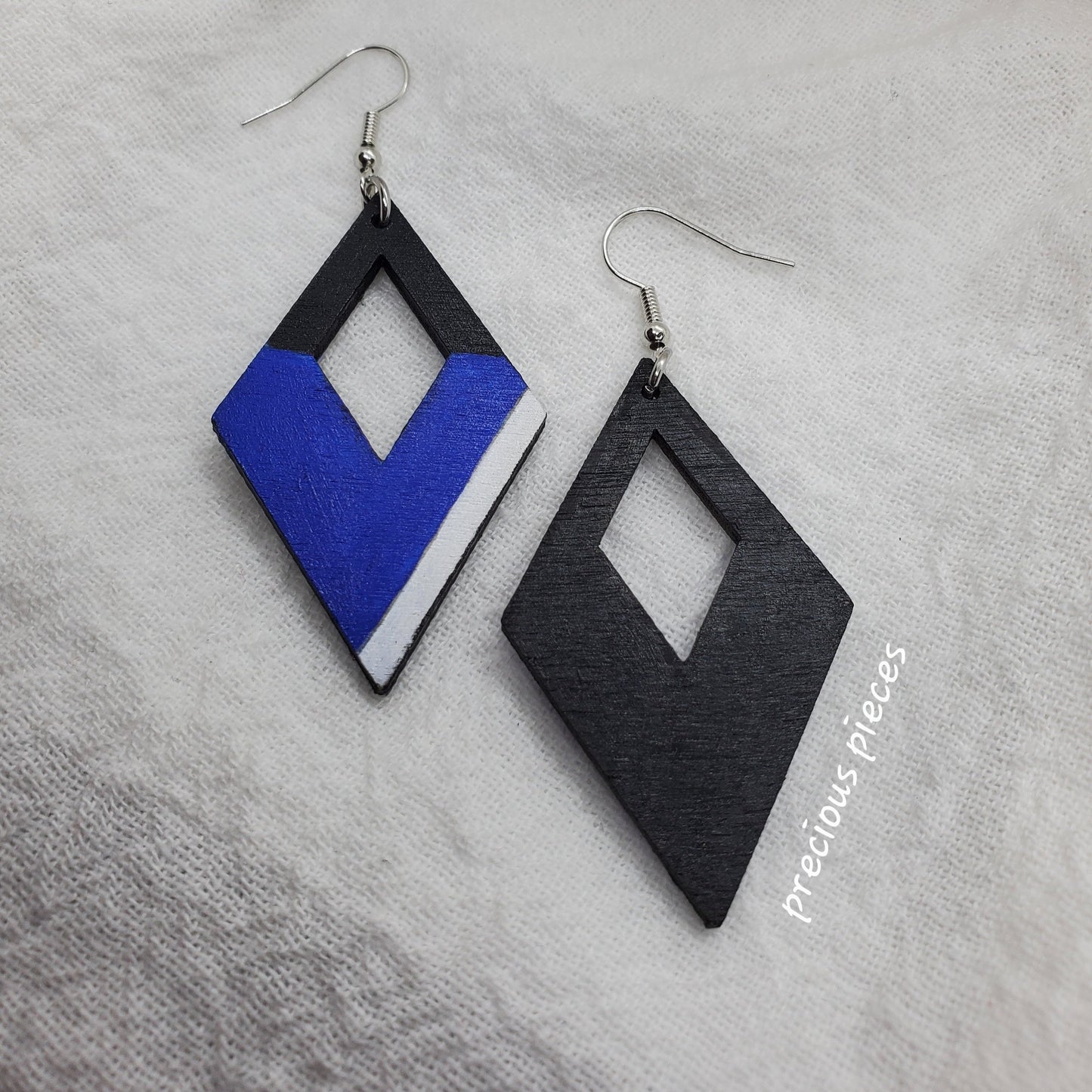 Blue, Black, and White Wood Earrings