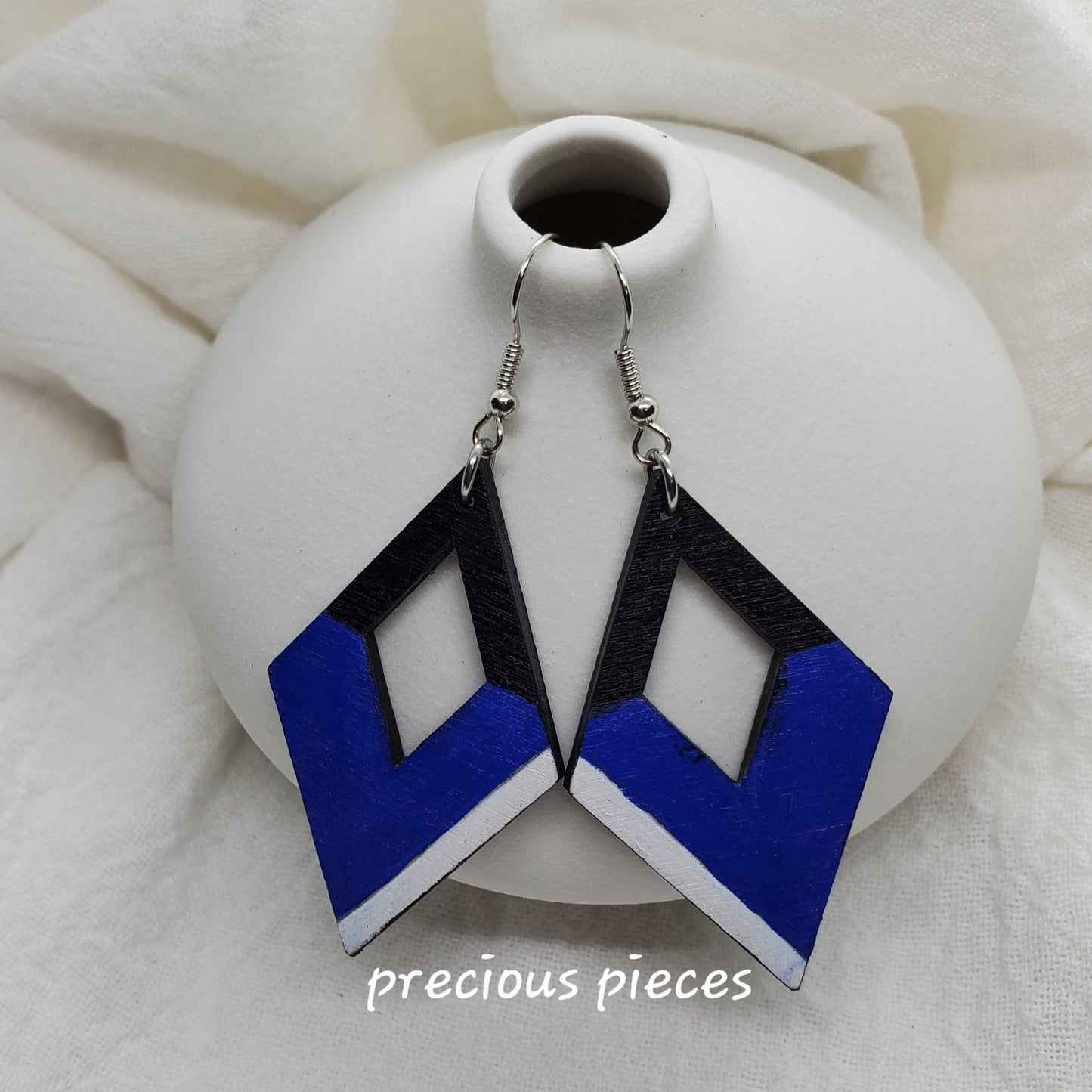 Blue, Black, and White Wood Earrings