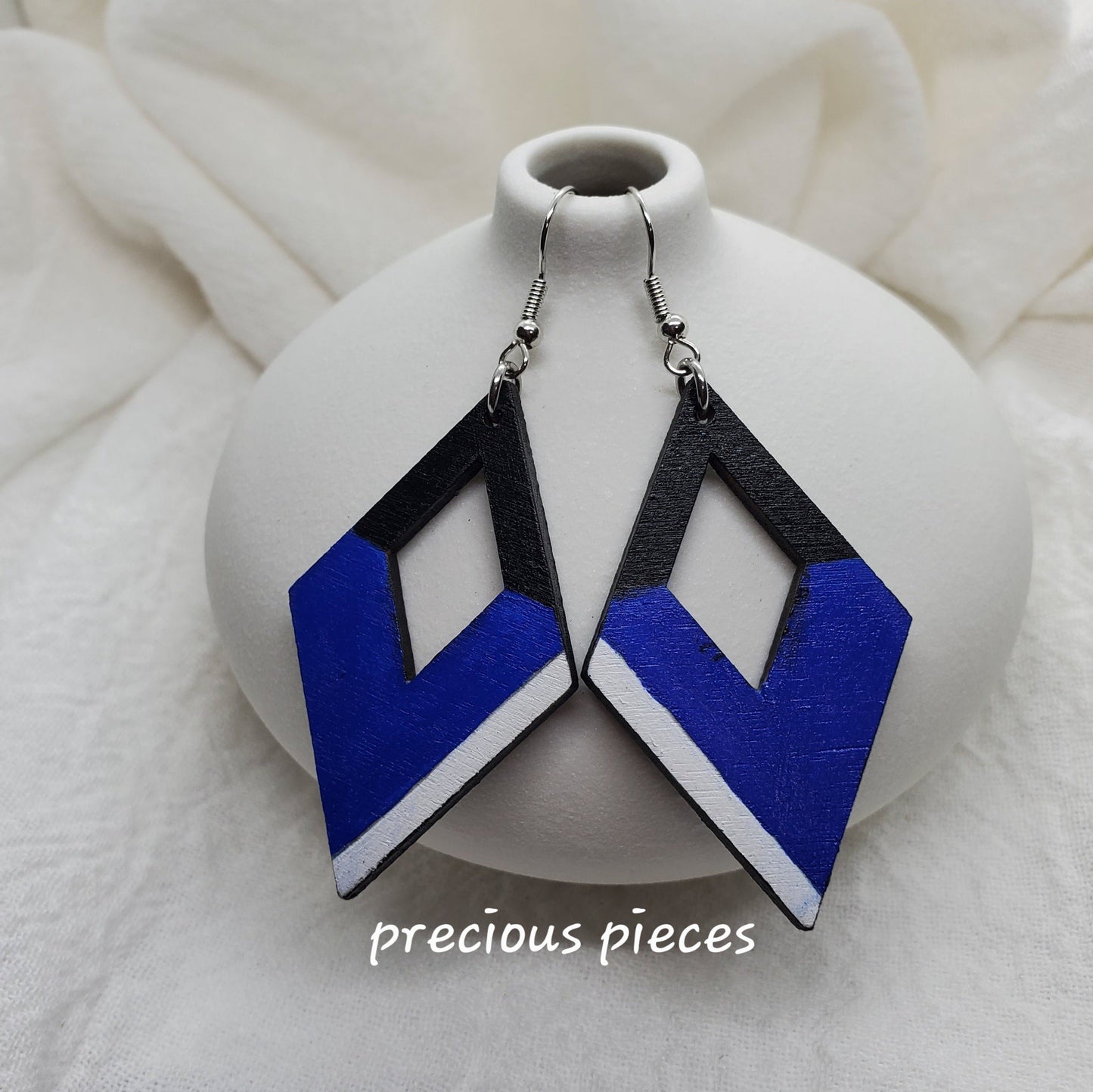 Blue, Black, and White Wood Earrings