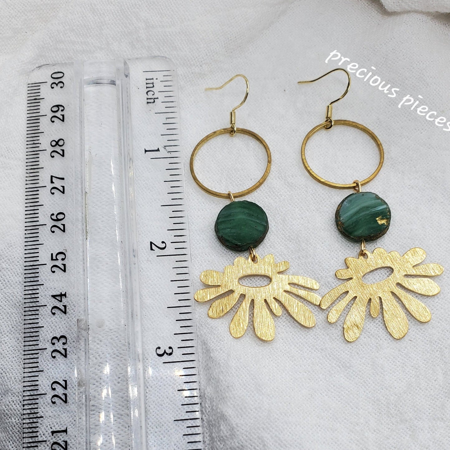 Brass Flower and Green Glass Bead Earrings