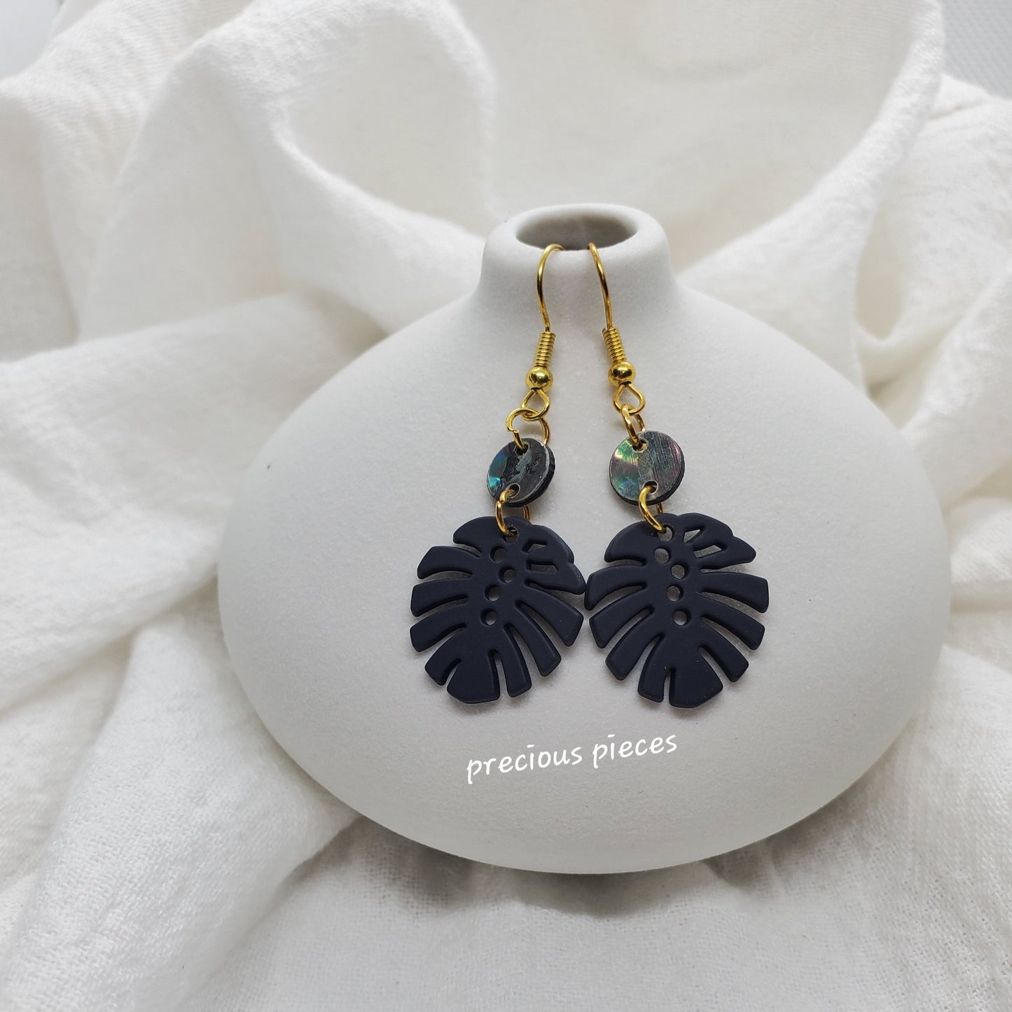 Gray-Black Monstera Leaf Earrings