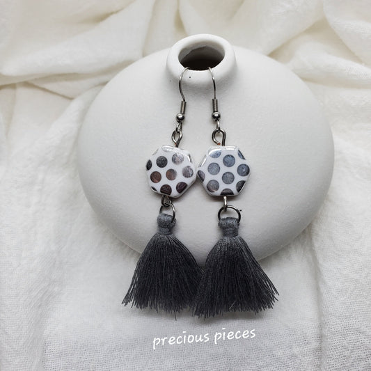 Czech Glass and Gray Tassel Earrings