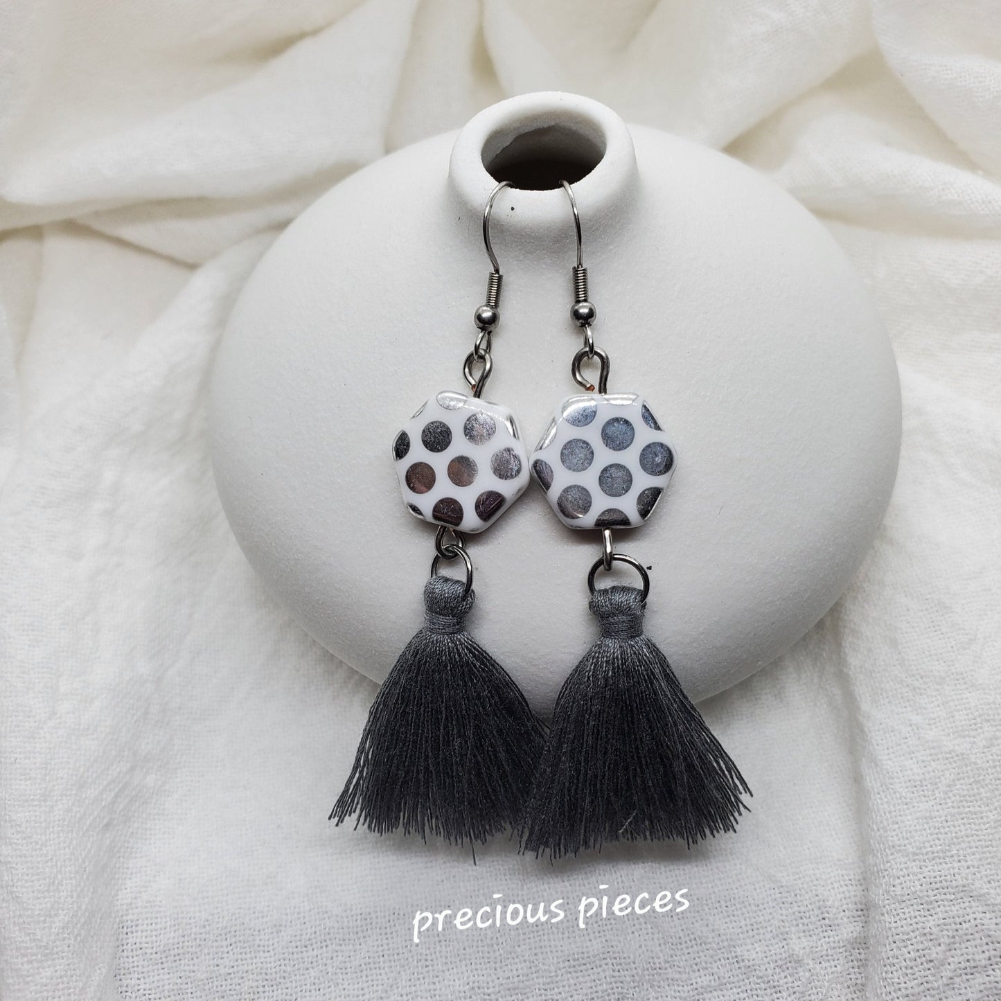 Czech Glass and Gray Tassel Earrings