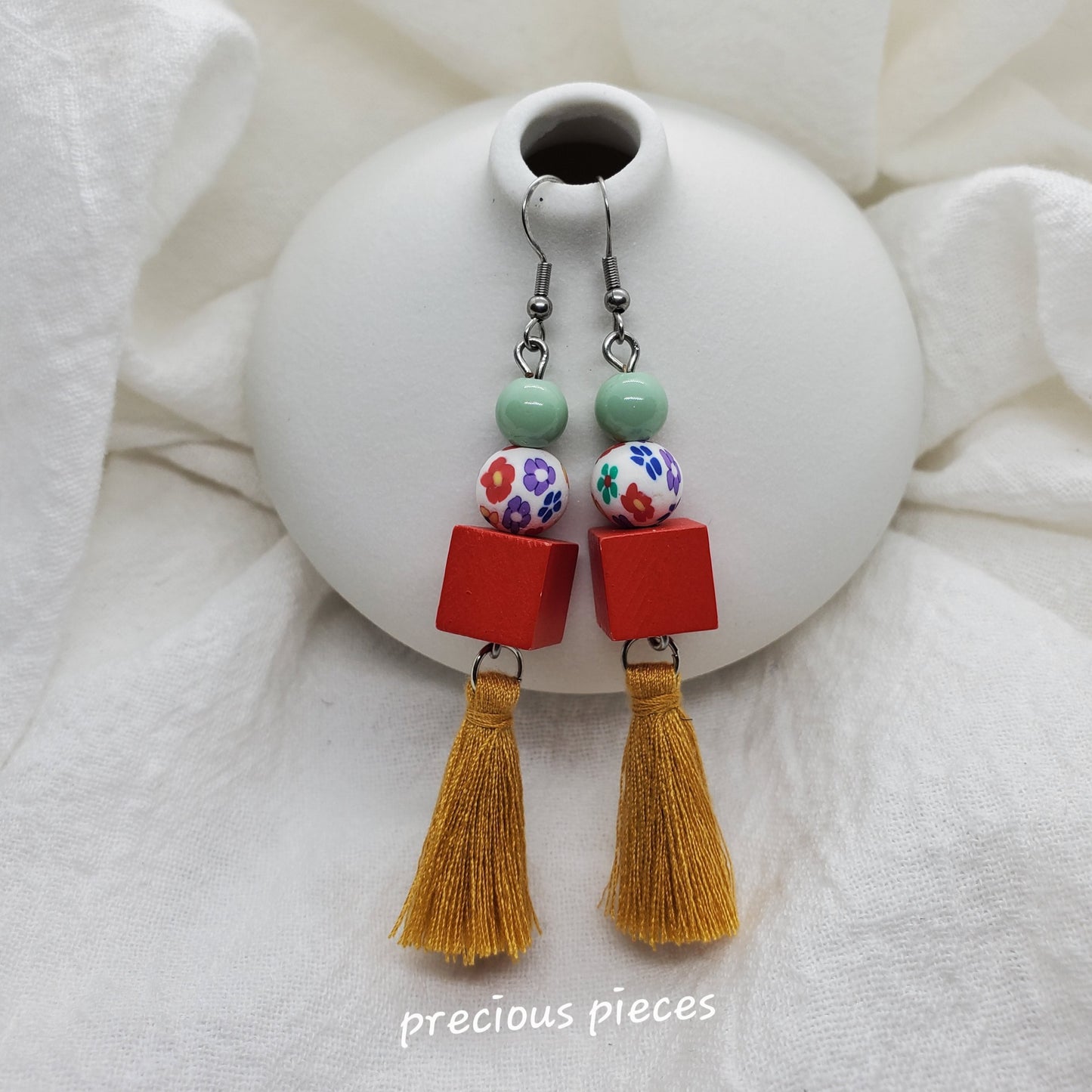 Flower Beaded Boho Tassel Earrings