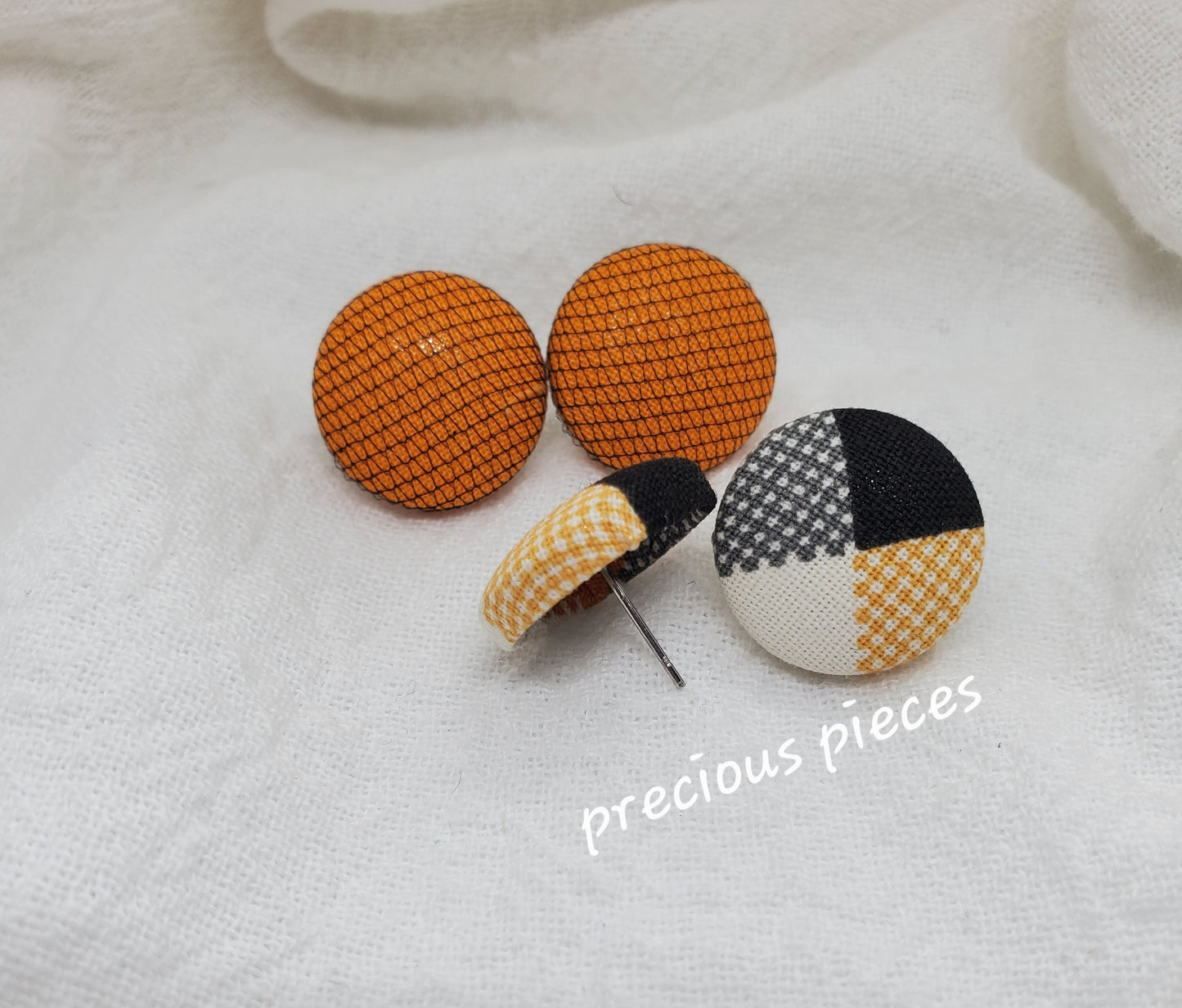 Orange Net and Multicolored Pattern Halloween Fabric Earrings