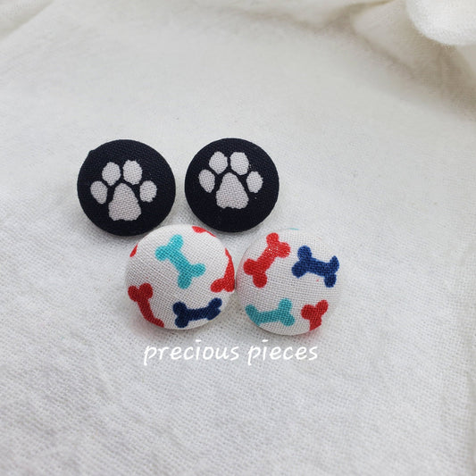 White Paw Print and Bone Fabric Earrings