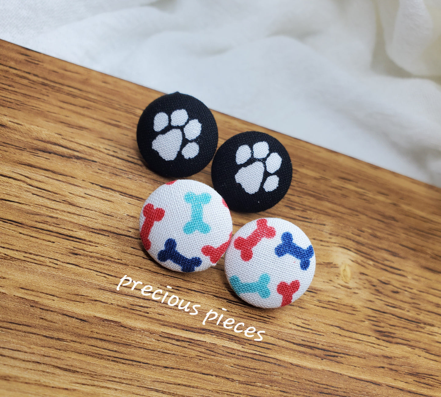 White Paw Print and Bone Fabric Earrings