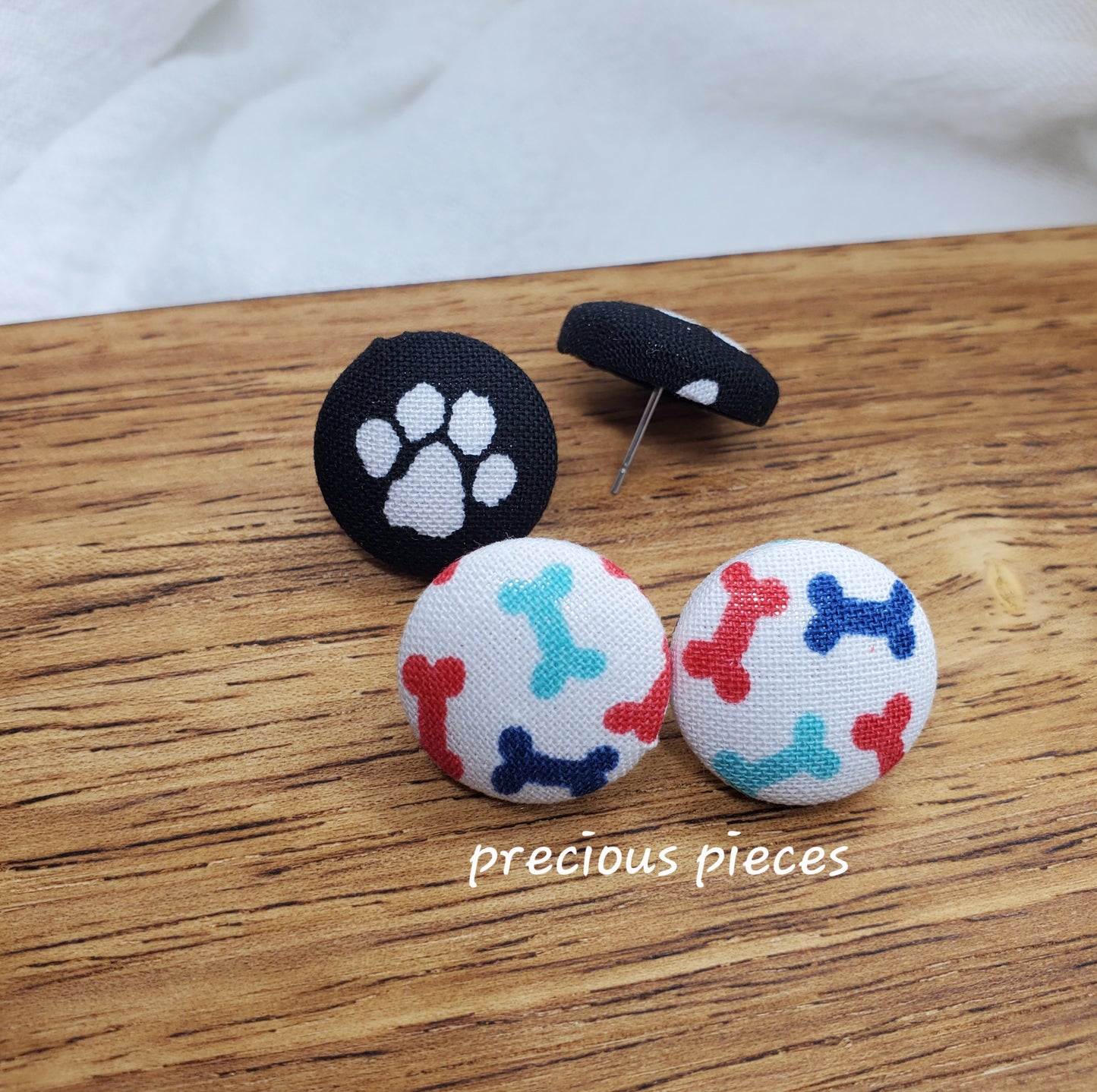 White Paw Print and Bone Fabric Earrings