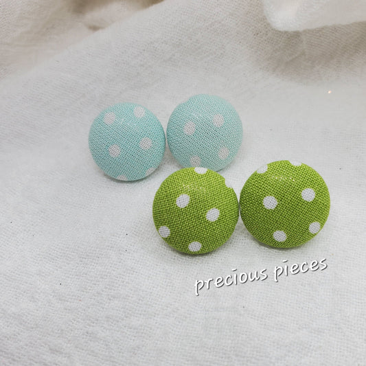 Small Light Blue and Green Polka Dot Fabric Earrings