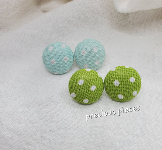 Small Light Blue and Green Polka Dot Fabric Earrings