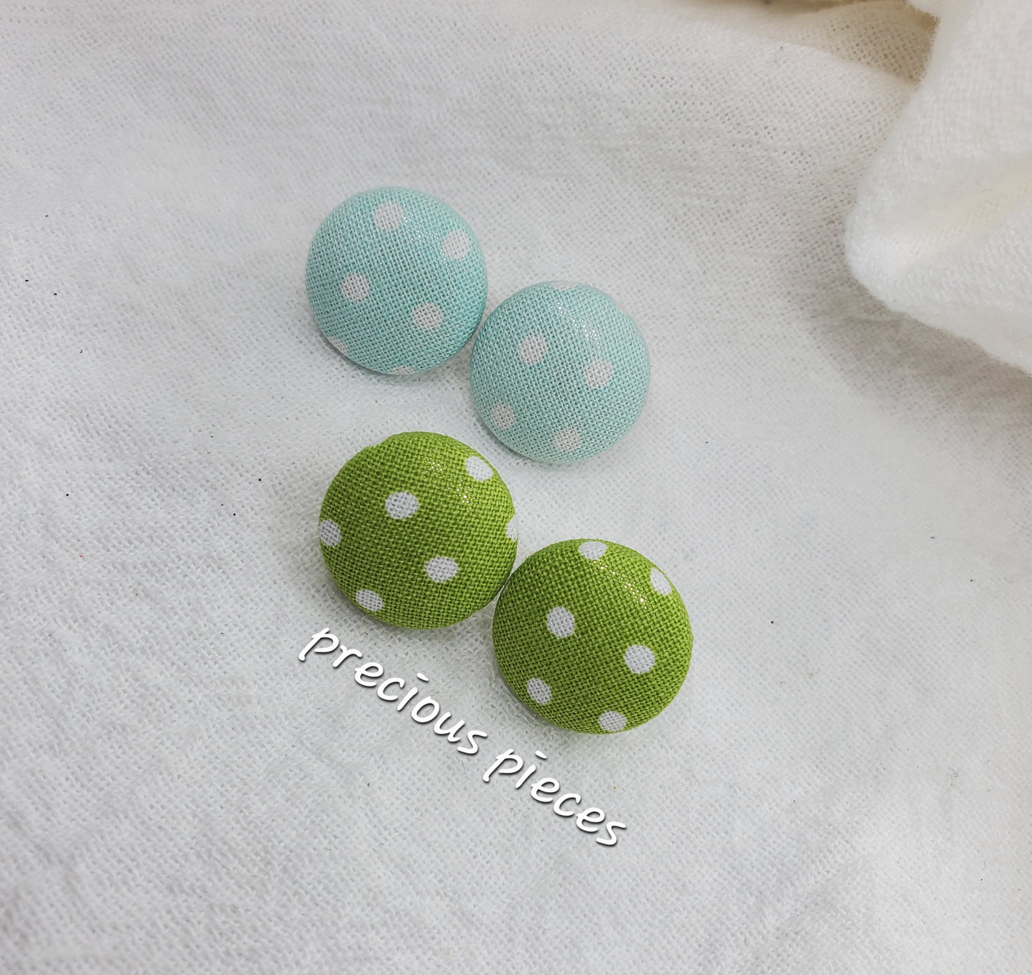 Small Light Blue and Green Polka Dot Fabric Earrings