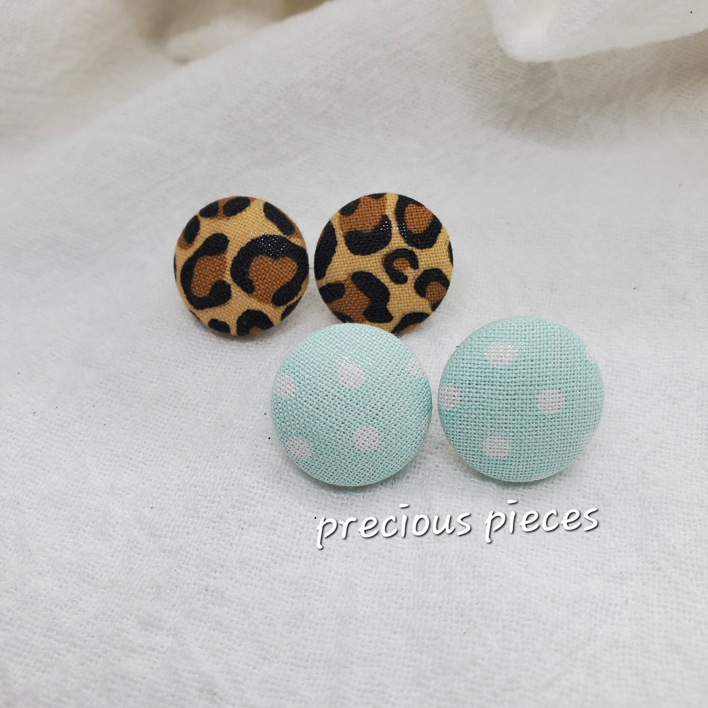 Leopard Print and Light Blue White Polka Dots Fabric Earrings