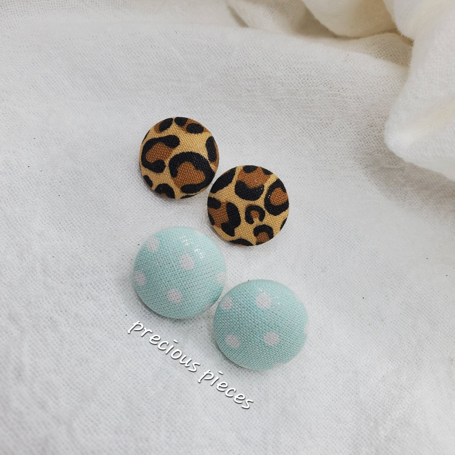 Leopard Print and Light Blue White Polka Dots Fabric Earrings