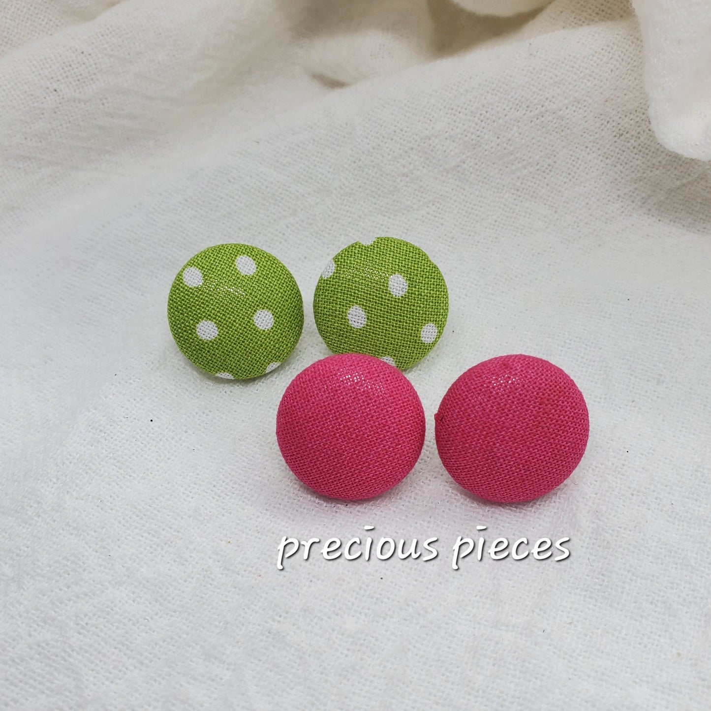 Green with White Polka Dot and Hot Pink Fabric Earrings