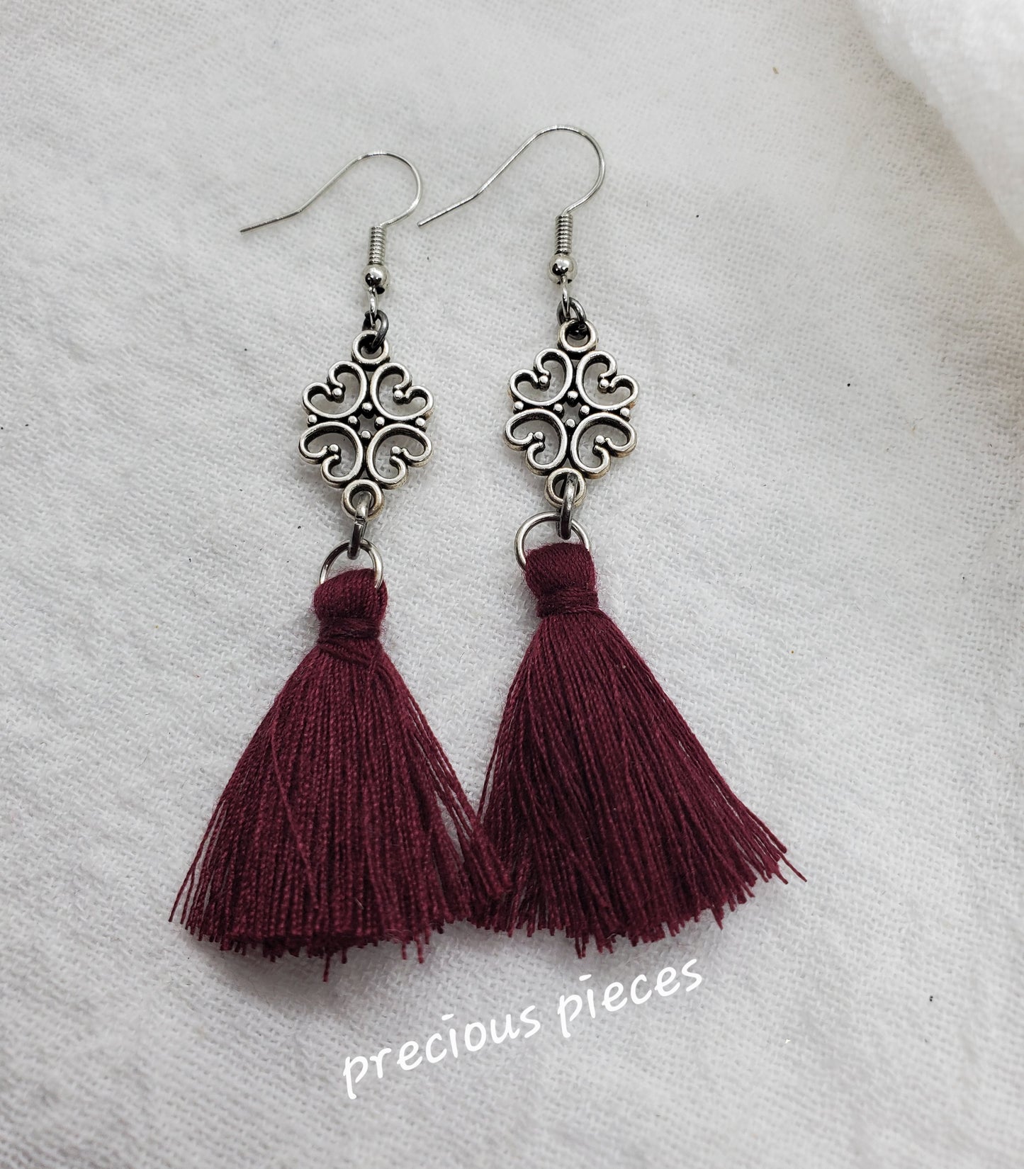 Vintage Antique Silver Flower and Burgundy Tassel Earrings