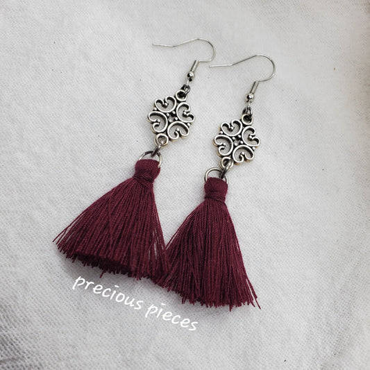 Vintage Antique Silver Flower and Burgundy Tassel Earrings